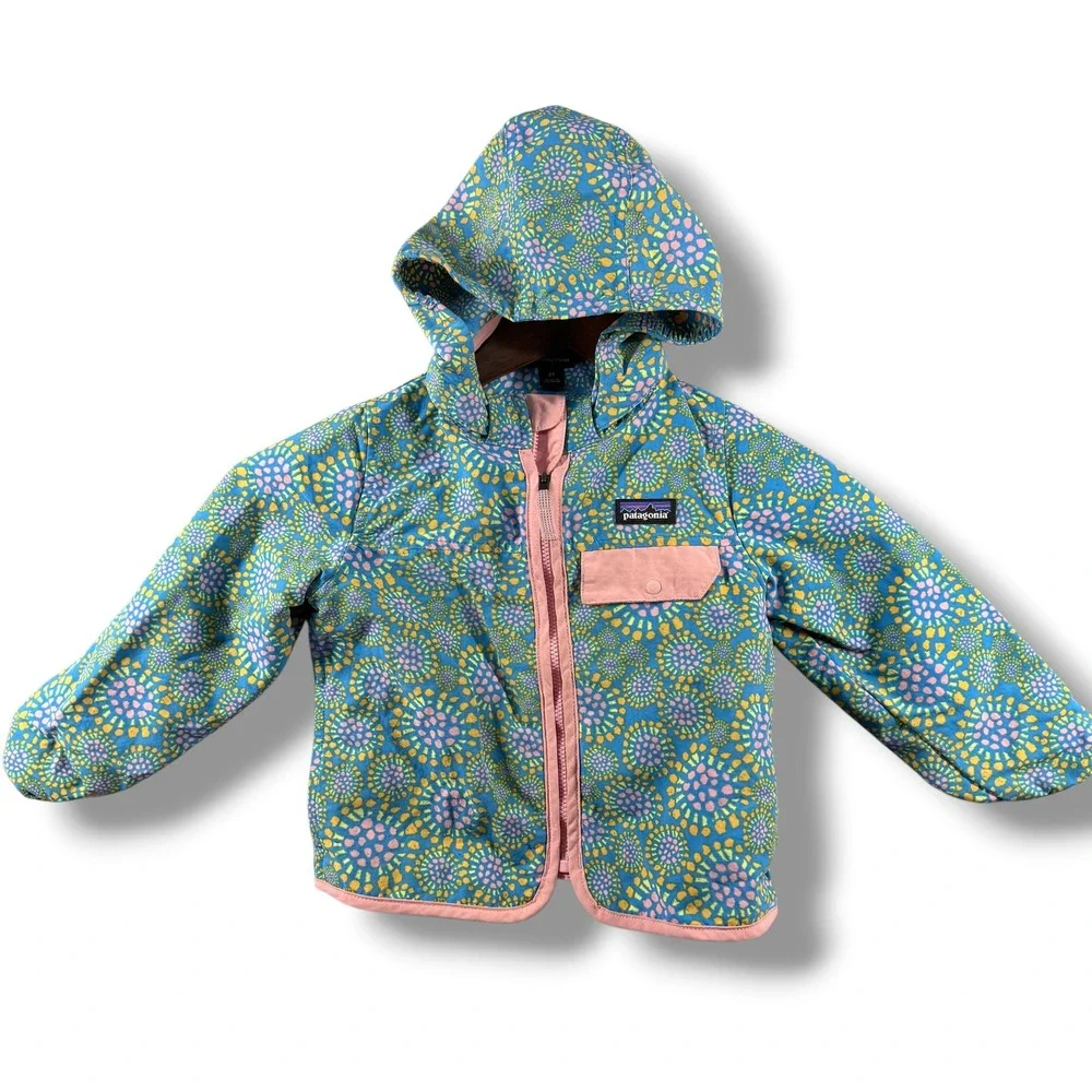 Patagonia Kids Baggies Jacket 2T Blue Floral Sunburst Hooded Windbreaker Zip Up